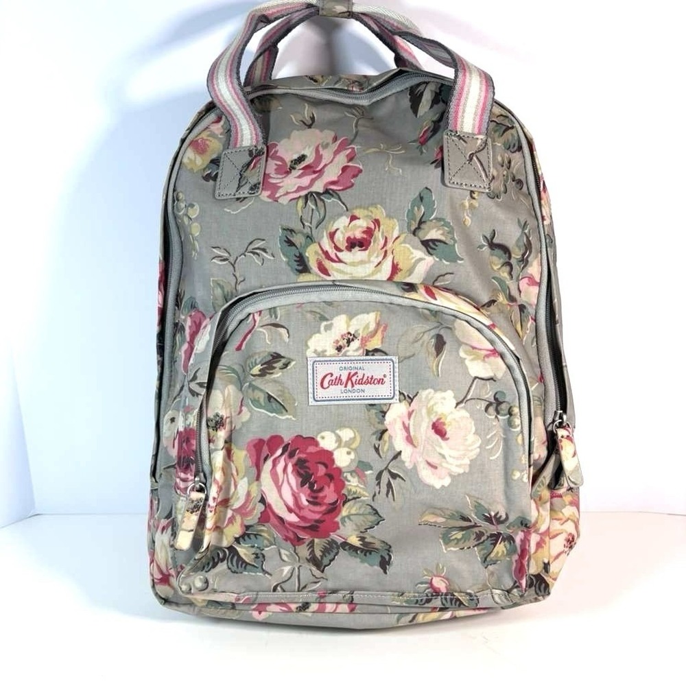 Cath Kidston Anemone Multi Pocket Backpack W/13" Travel Bag Rose Print Gray Pink